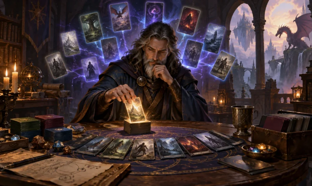 Painterly fantasy scene of a gray-haired wizard selecting a glowing card at a table covered with decks, loose cards, dice, maps, candles, and an ornate cup, with floating illustrated cards, castle ruins, and a dragon in the background.