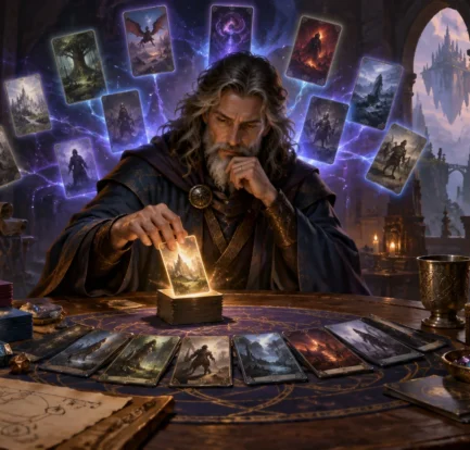Painterly fantasy scene of a gray-haired wizard selecting a glowing card at a table covered with decks, loose cards, dice, maps, candles, and an ornate cup, with floating illustrated cards, castle ruins, and a dragon in the background.